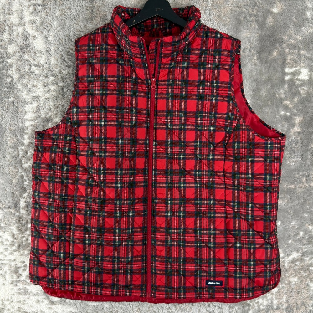 New Lands' End Plus Size 2X Quilted Plaid Puffer Vest Red Sleeveless Women